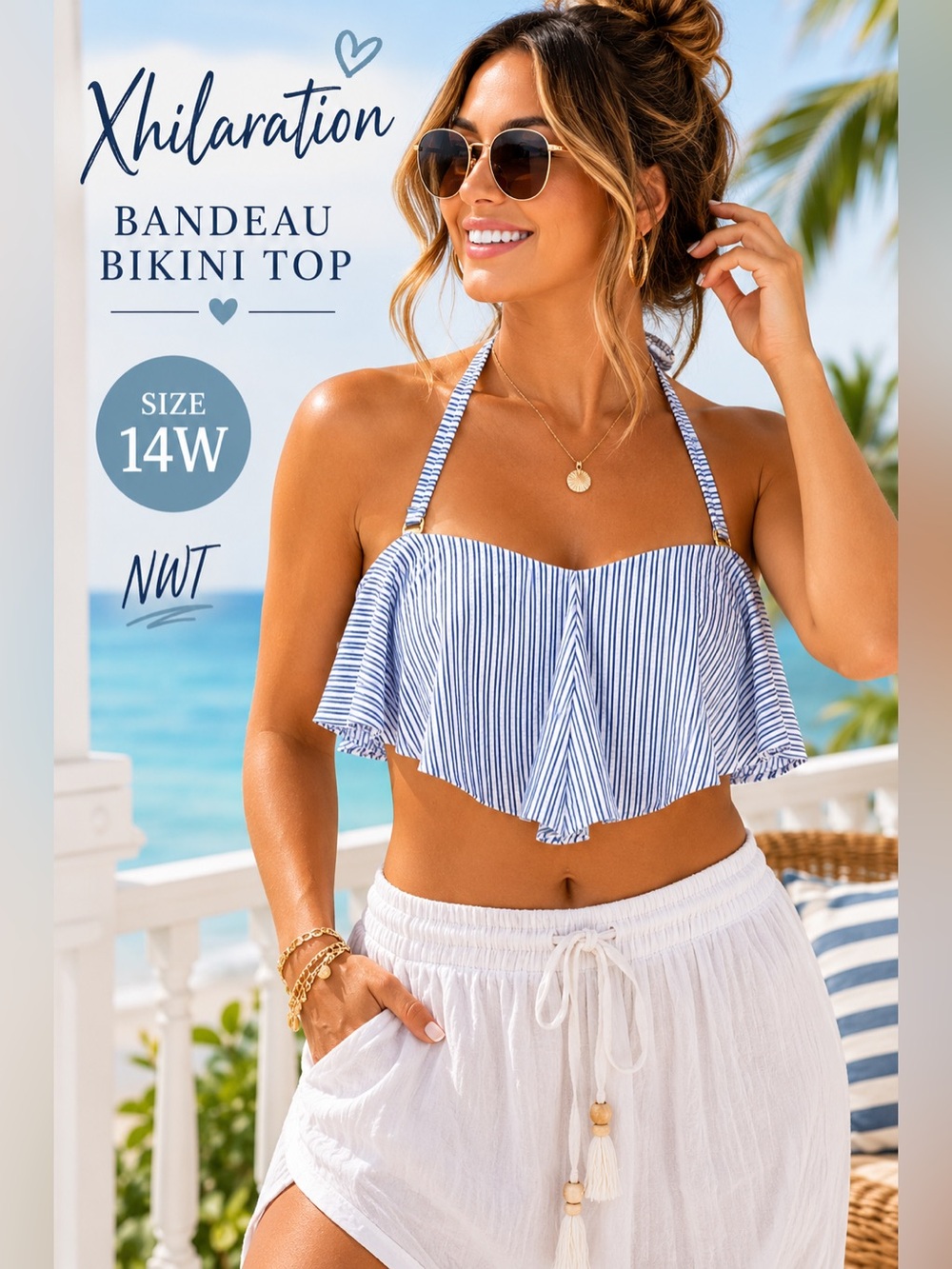 Women’s Plus 14W Flounce Bikini Top Blue White Stripe Halter Bandeau NWT Target